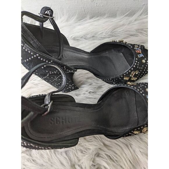 Schutz Black Nubuck/Faux Suede Crystal Embellished Sandals Chunky Platform Heels - Picture 8 of 10